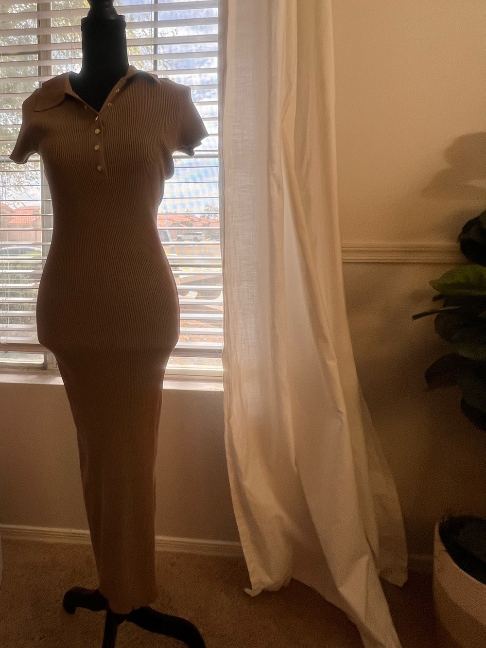 Ribbed Polo Midi Dress in Taupe